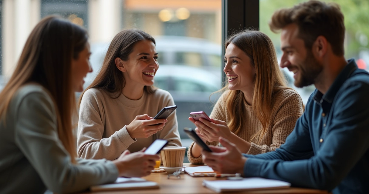 Grupo conversando sem celulares em um café