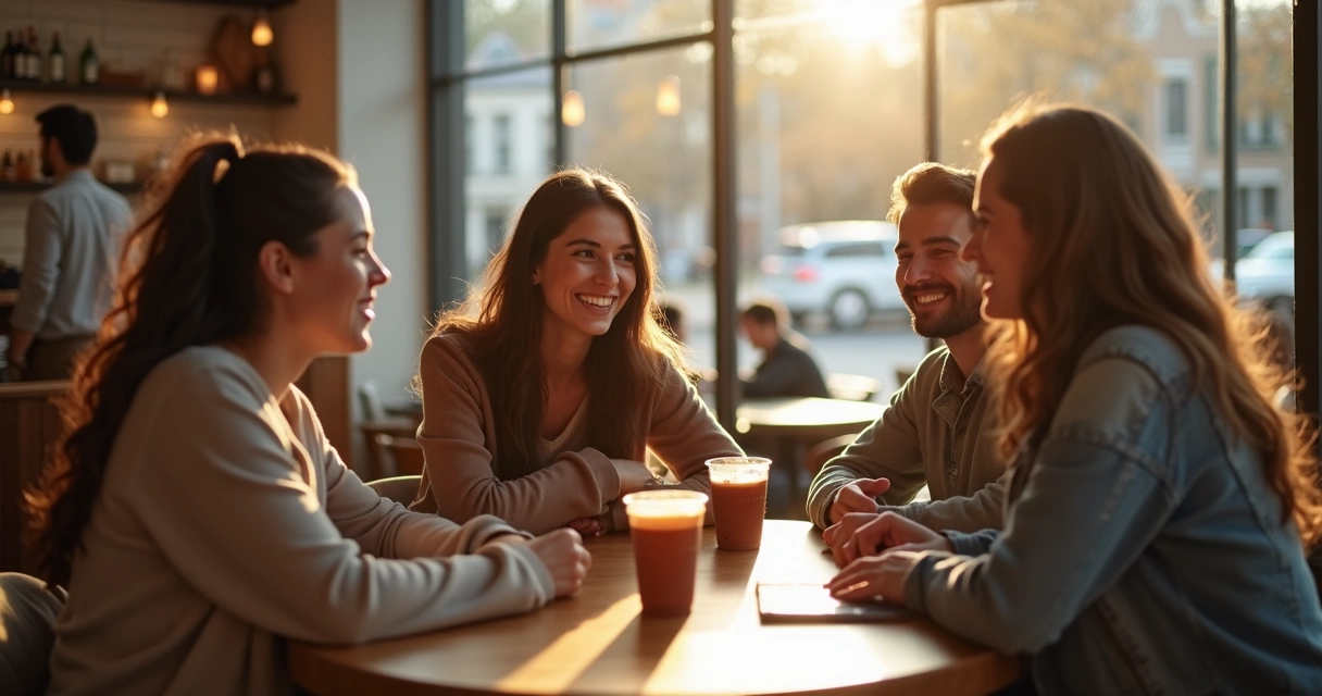 Encontro entre amigos em cafeteria conversando animados 