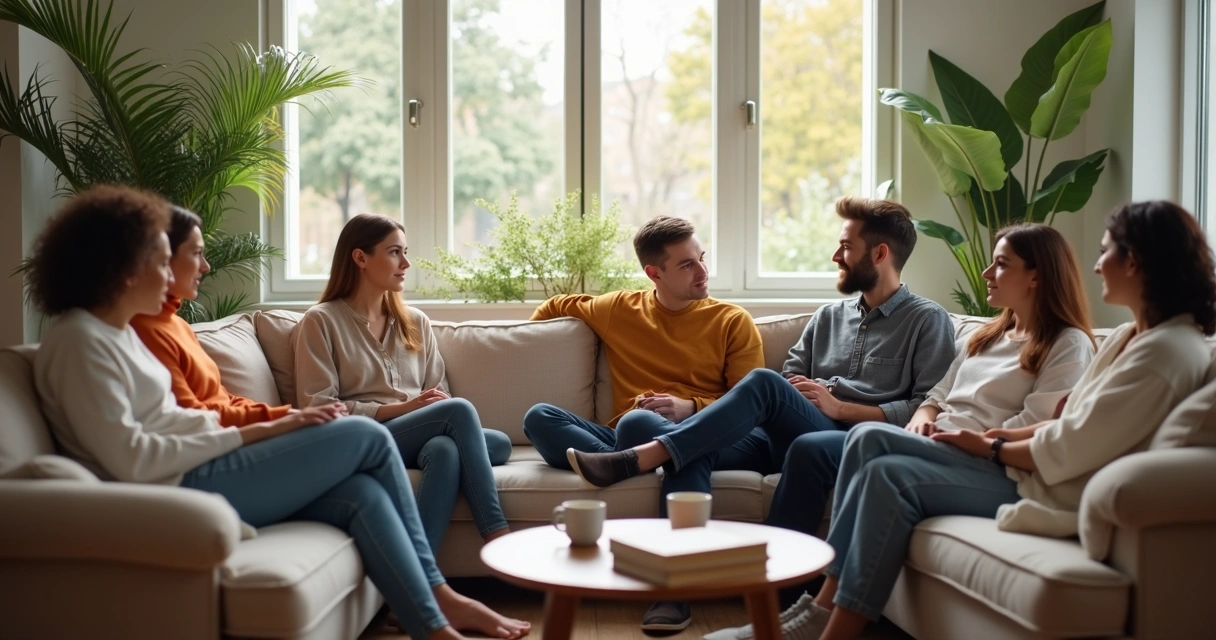 Grupo de amigos sentados juntos conversando em um ambiente iluminado 