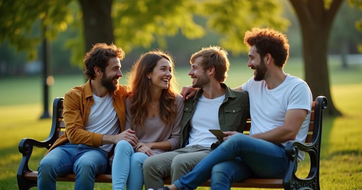 Grupo de amigos sentados juntos, uma pessoa afastada olhando para eles 