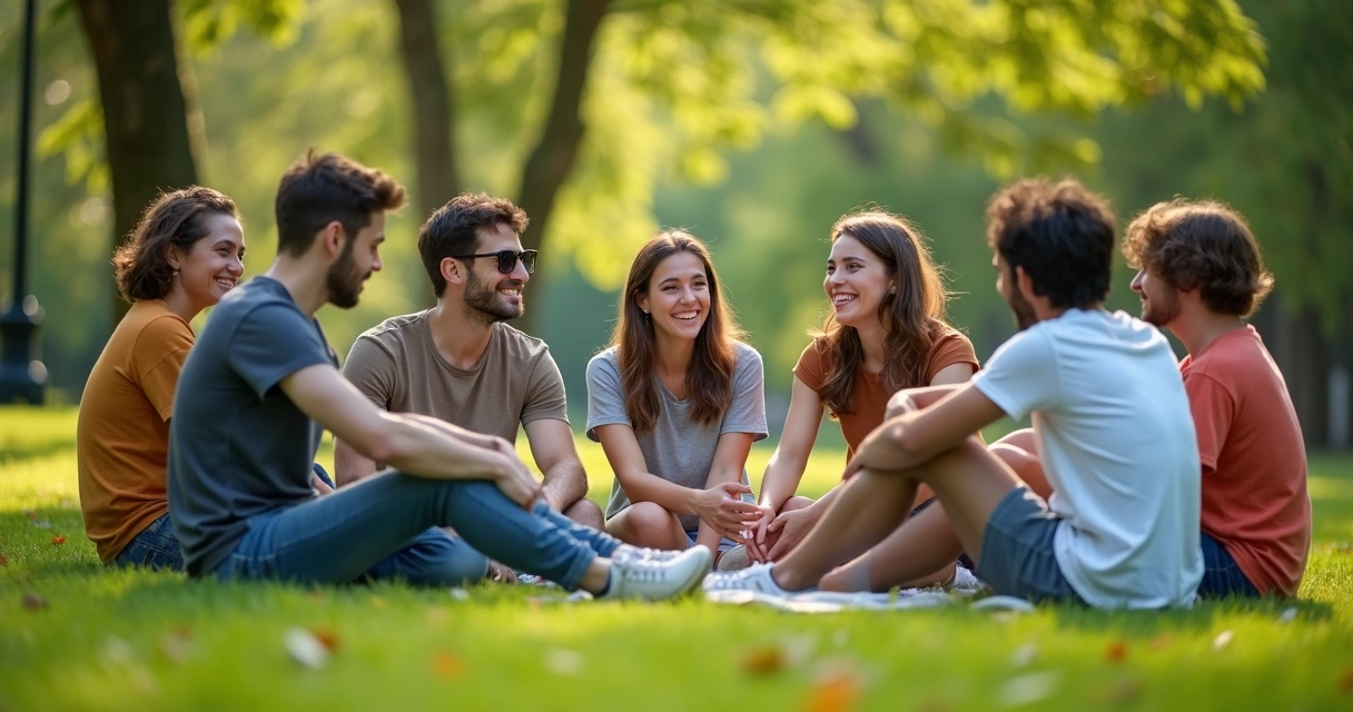 Amigos sentados em círculo em um parque compartilhando sorrisos. 