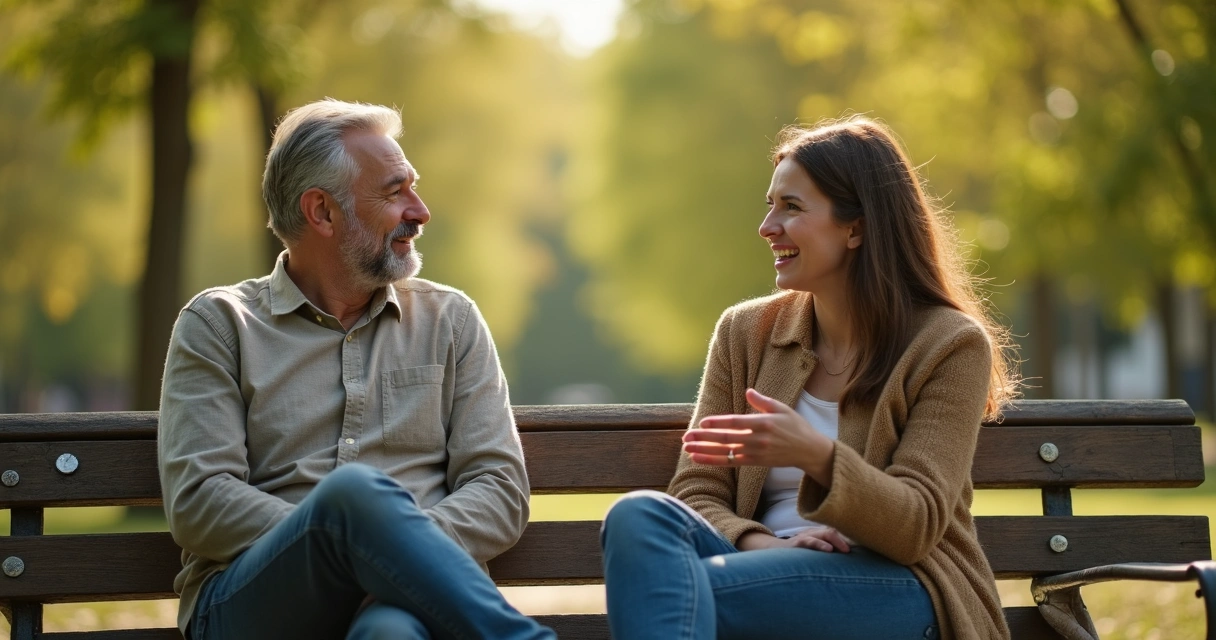 Duas pessoas conversando sentadas em um banco de praça, trocando olhares atentos 