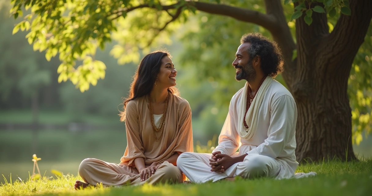 Duas pessoas de diferentes culturas sentadas, compartilhando um momento de conexão espiritual em um ambiente natural