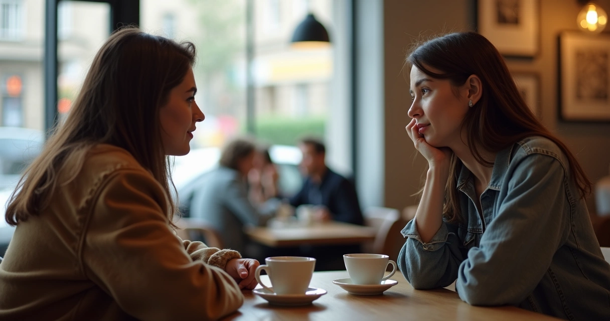 Dois amigos sentados em um café, um deles parece distante enquanto o outro fala animado 