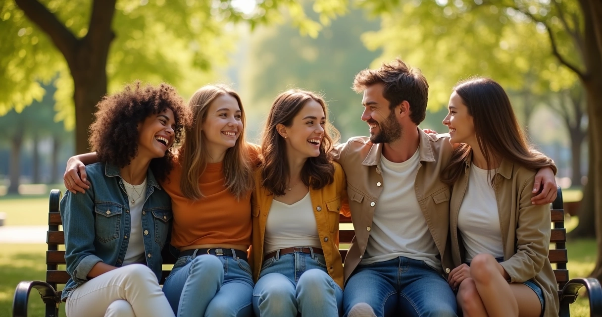 Grupo de amigos sentados juntos, rindo, com expressões diferentes e espacialmente levemente afastados.