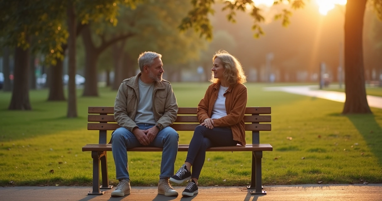 Dois amigos sentados em parque definindo limites com expressão calma 