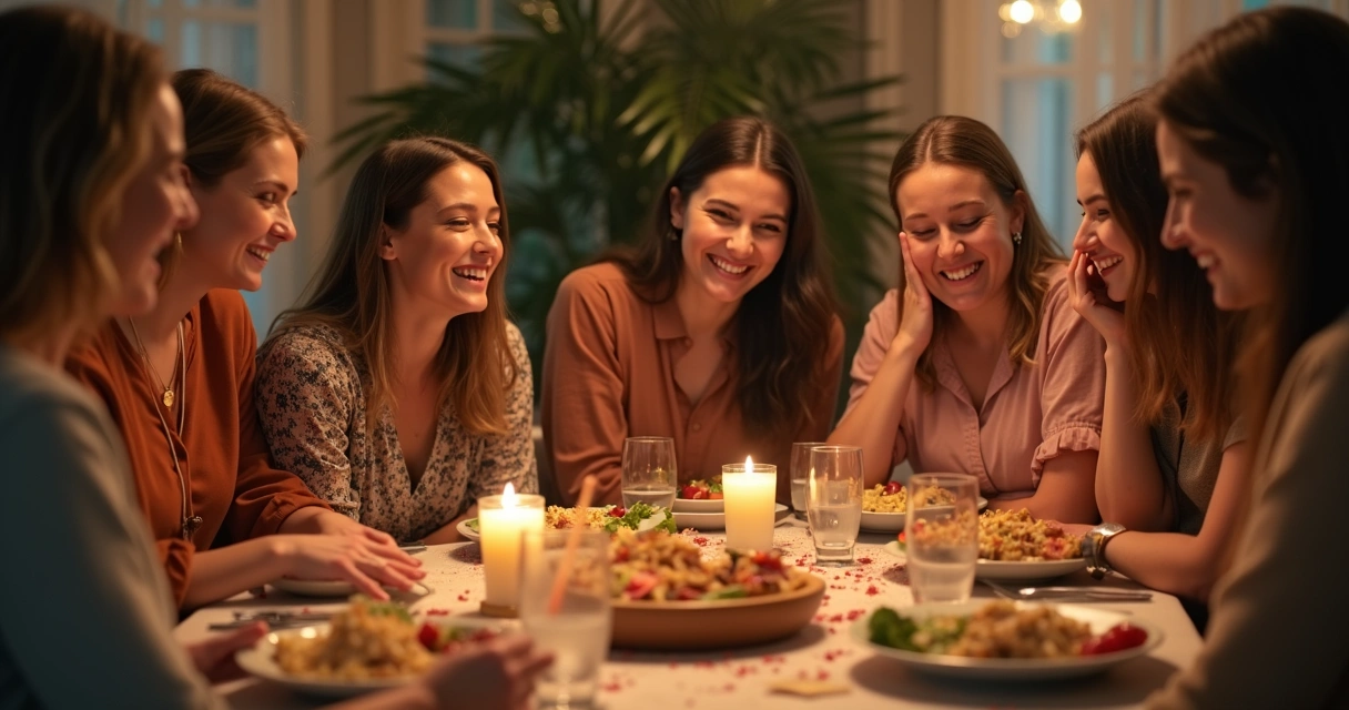 Grupo de mulheres cristãs sorrindo juntas em um evento, sentadas ao redor de uma mesa decorada, trocando mensagens e compartilhando comida 