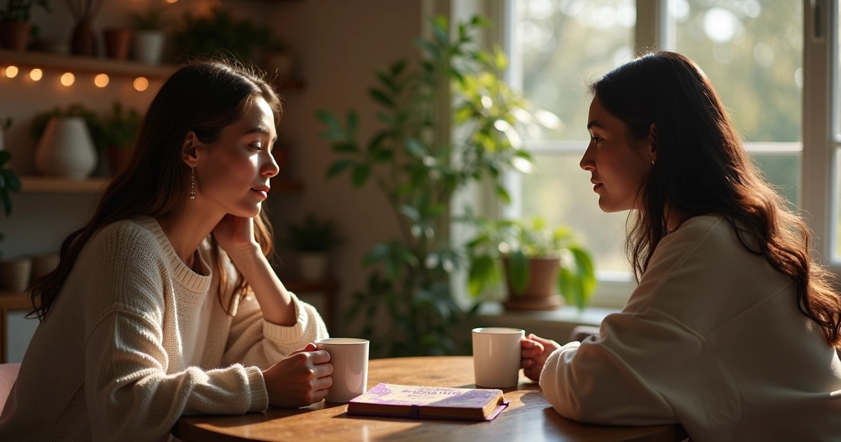 Duas mulheres conversando frente a frente em ambiente acolhedor 