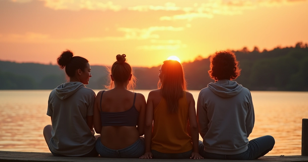 Amigos sentados conversando ao pôr-do-sol, simbolizando respeito e liberdade