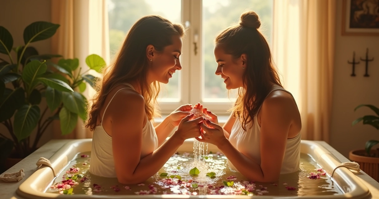 Duas amigas sorrindo, jogando banho de ervas em ambiente iluminado com símbolos de energia 