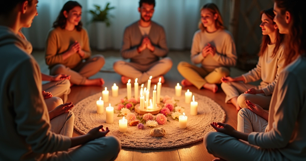 Grupo de amigos sentados em círculo durante ritual com velas e cristais 