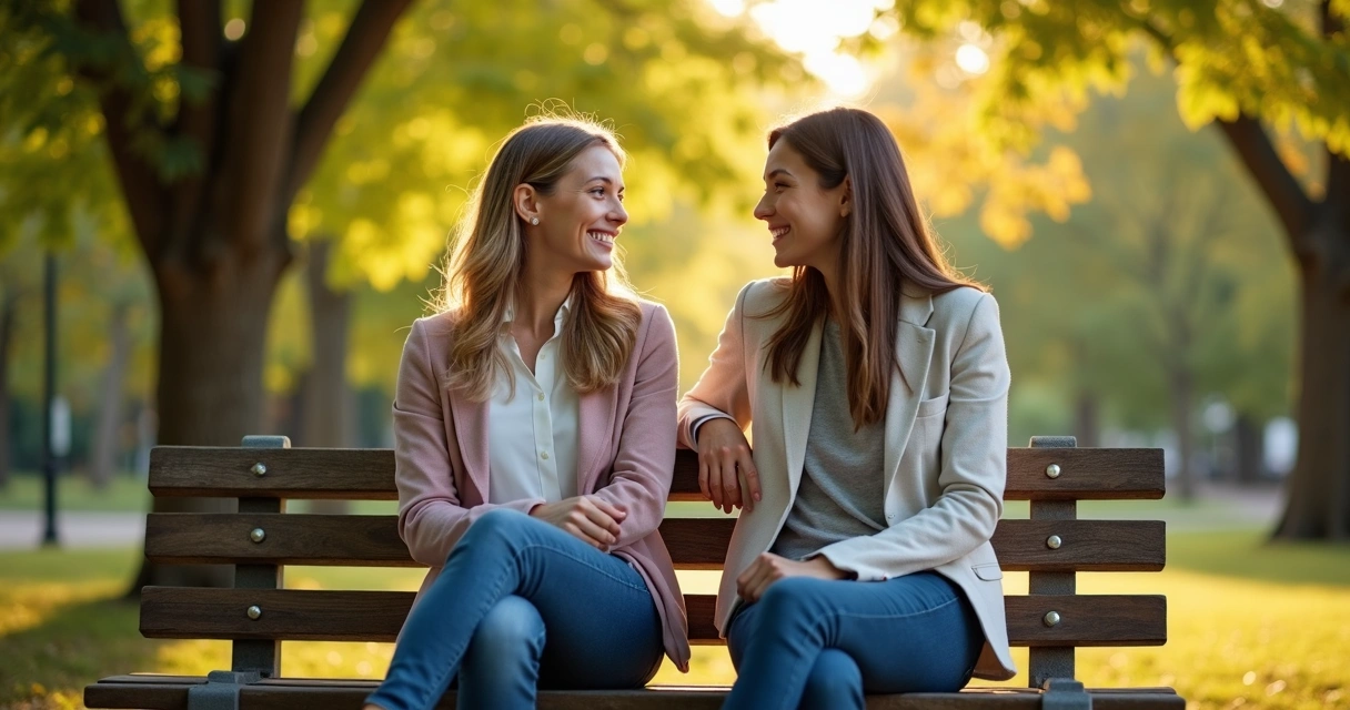 Duas pessoas sorrindo e conversando em um parque, sentadas em um banco. 