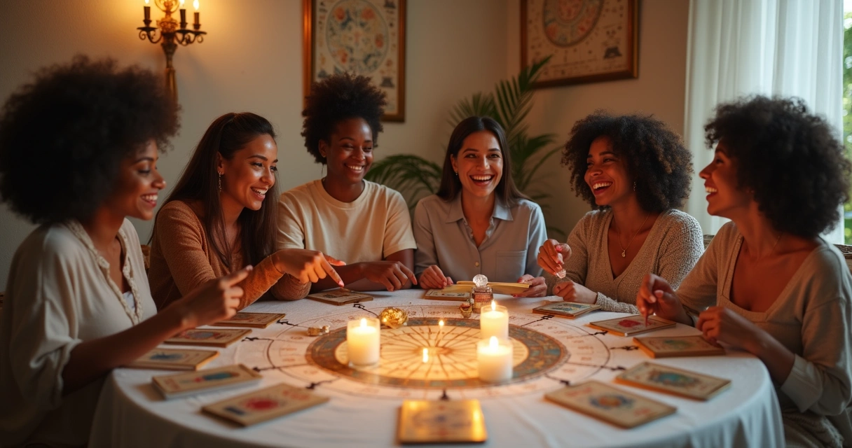 Mulheres sorrindo enquanto consultam mapa astral em mesa decorada