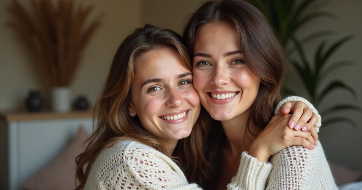 Duas mulheres abraçadas sorrindo, mas uma delas com expressão de desconfiança