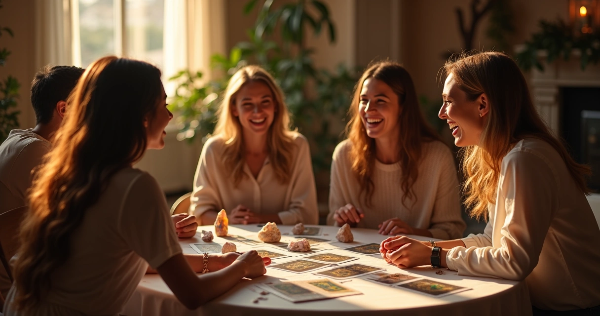 Grupo de pessoas em roda praticando leitura de oráculos juntos. 