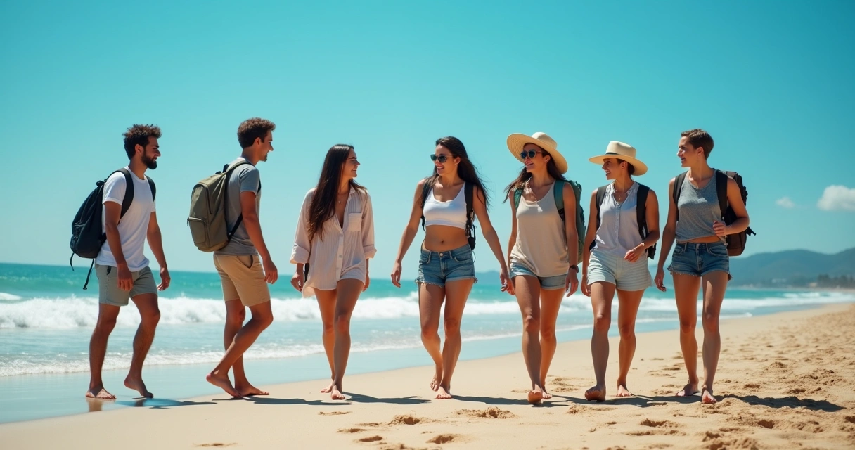 Grupo de amigos sorrindo e caminhando em uma praia durante viagem 