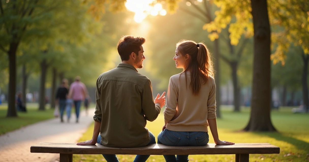 Dois amigos conversando com proximidade em um banco de parque 