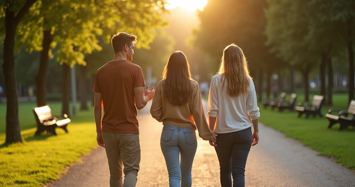 Três adultos caminhando lado a lado em parque conversando com calma 