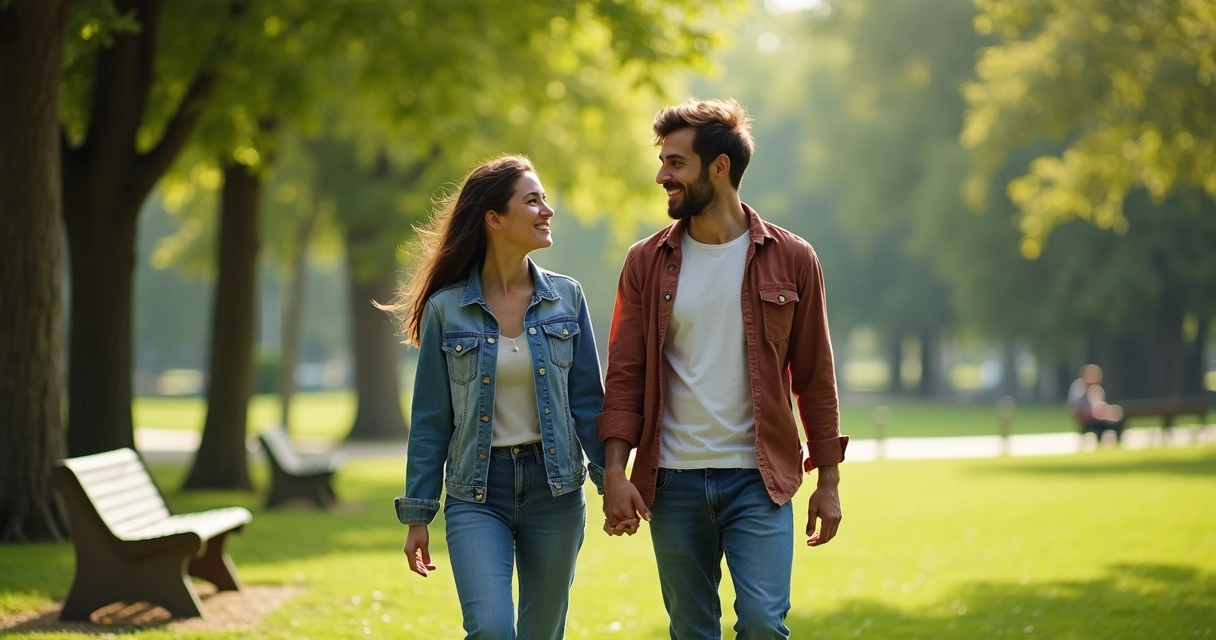 Duas pessoas caminhando juntas em um parque, conversando e sorrindo 