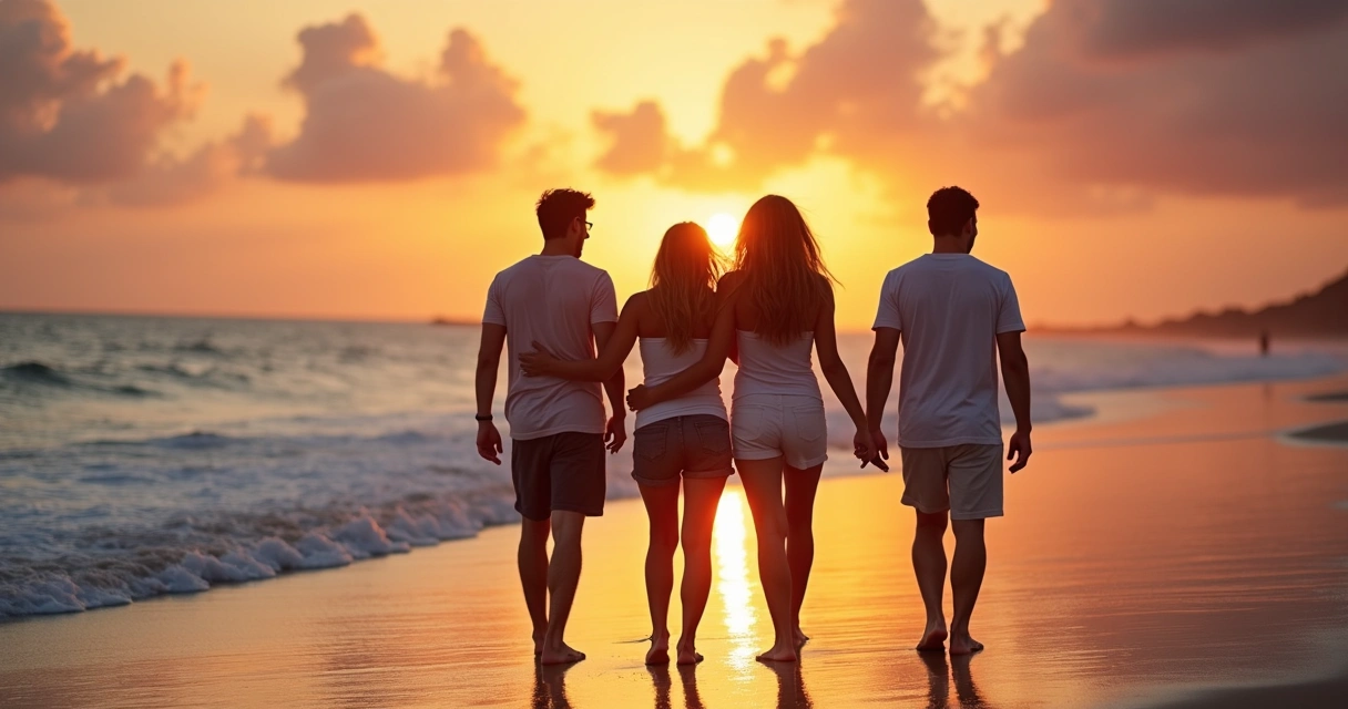 Grupo de amigos caminhando juntos na praia ao pôr do sol 