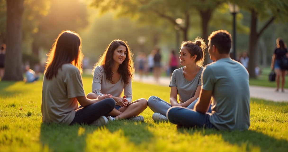 Grupo de amigos conversando com atenção em um parque 