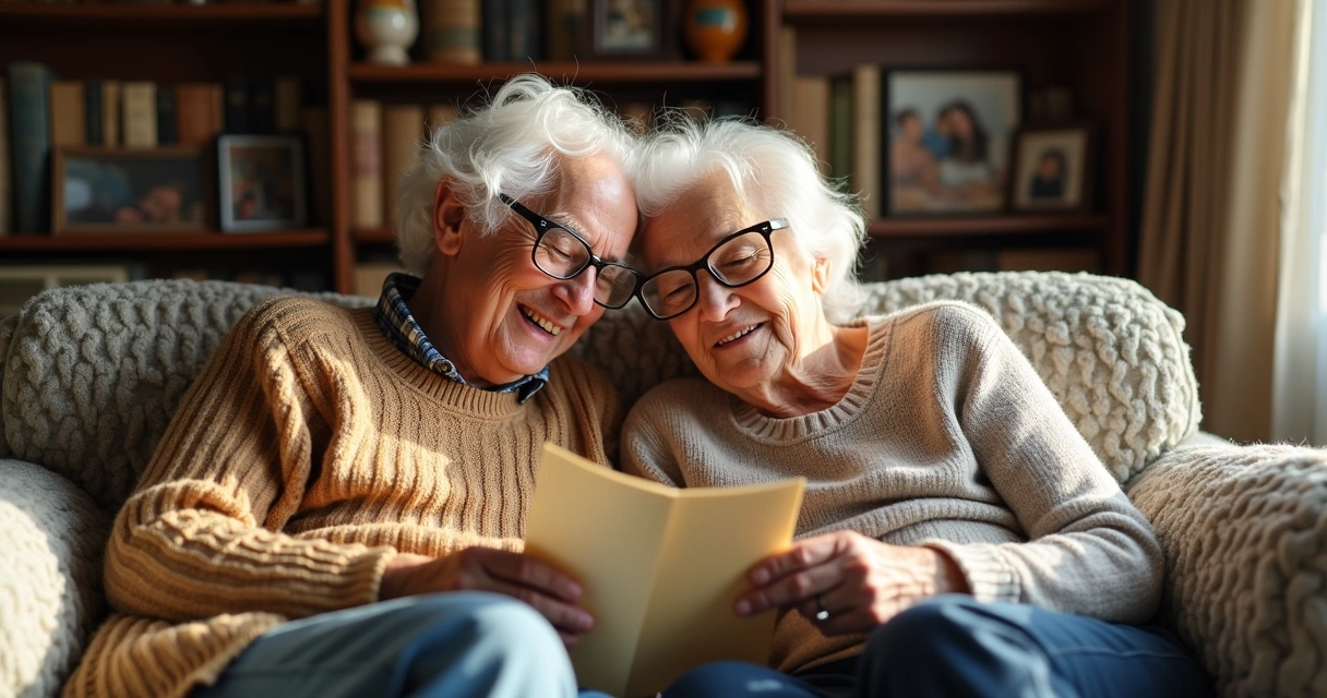 Casal idoso sorrindo lendo cartas juntos