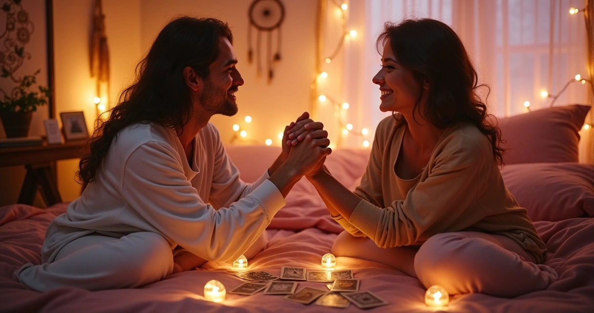 Casal sorrindo de mãos dadas diante de uma mesa de tarot. 
