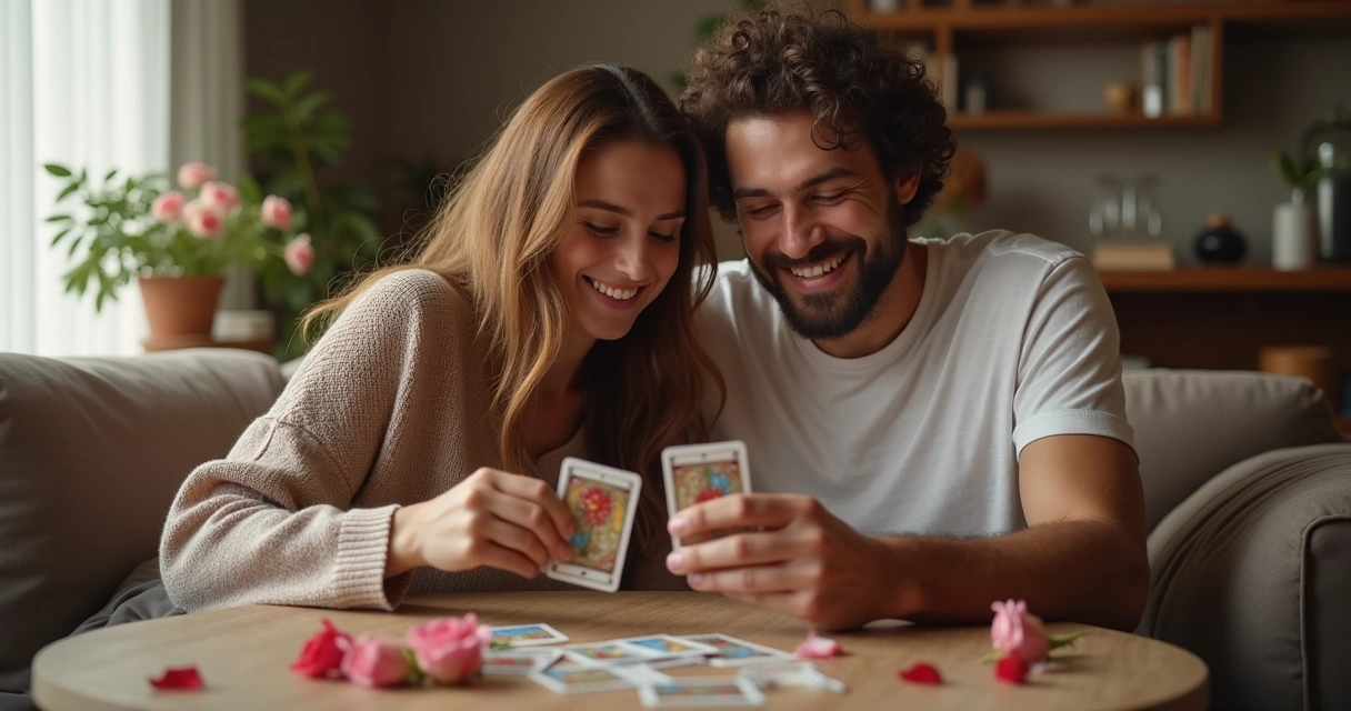 Casal sorridente lendo juntos cartas do tarot 