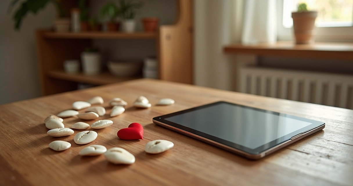 Mesa com búzios, coração vermelho e tablet 