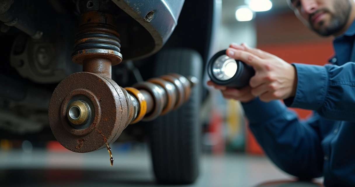 Amortecedor de carro com sinais de vazamento de óleo