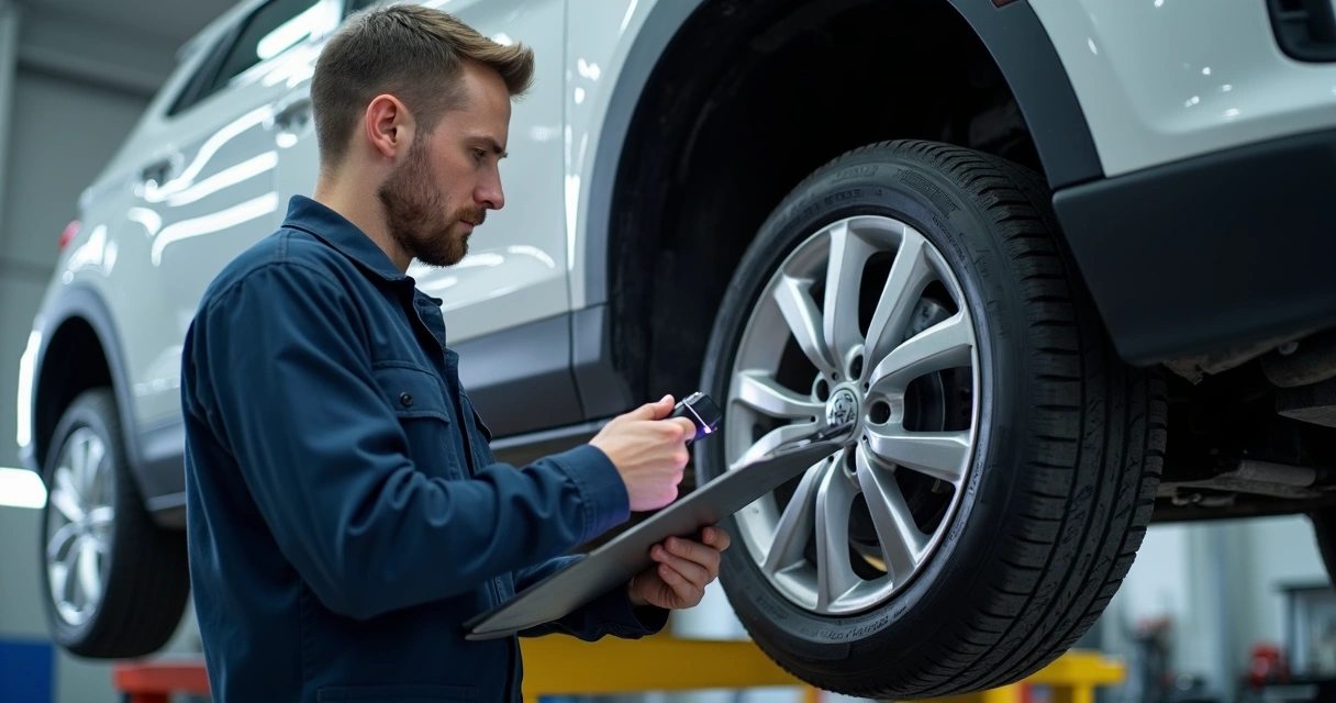 Mecânico inspecionando amortecedor em suspensão de carro 