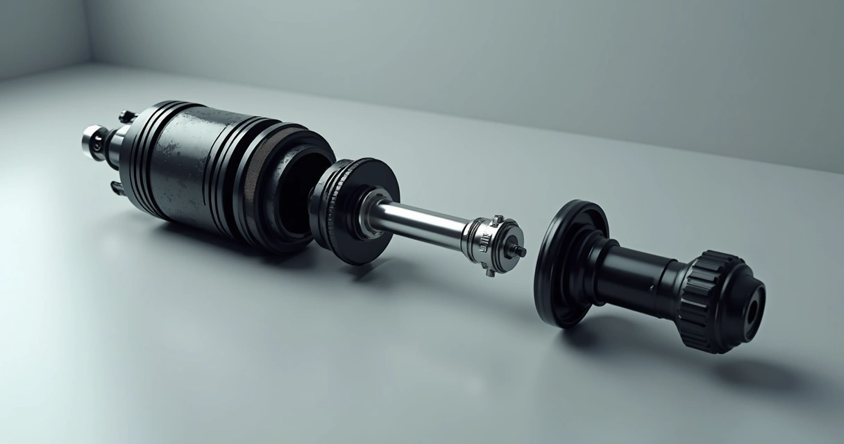 Amortecedor automotivo exposto com seus componentes principais à vista, em fundo neutro cinza 