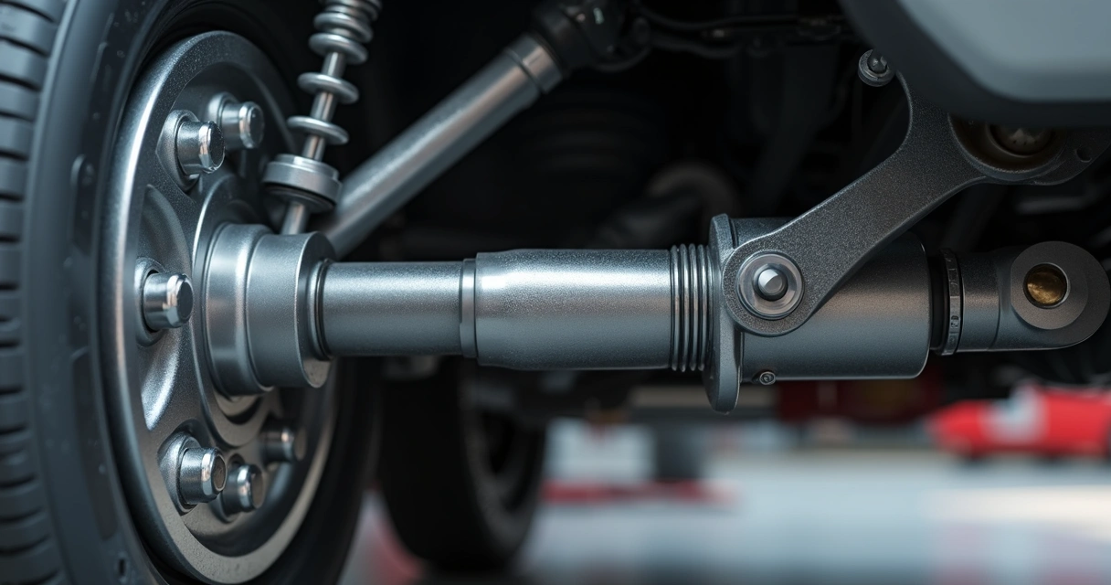 Amortecedor automotivo detalhado instalado no sistema de suspensão de um carro, mostrando componentes e estrutura metálica 