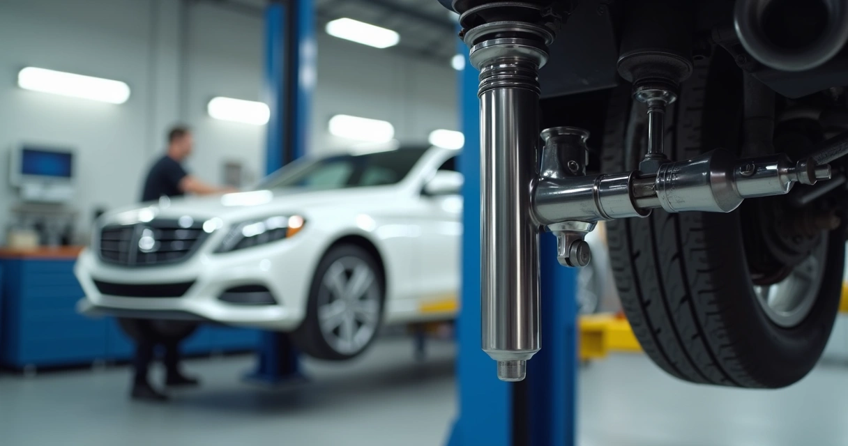 Detalhe de amortecedores automotivos com carro ao fundo em oficina moderna 