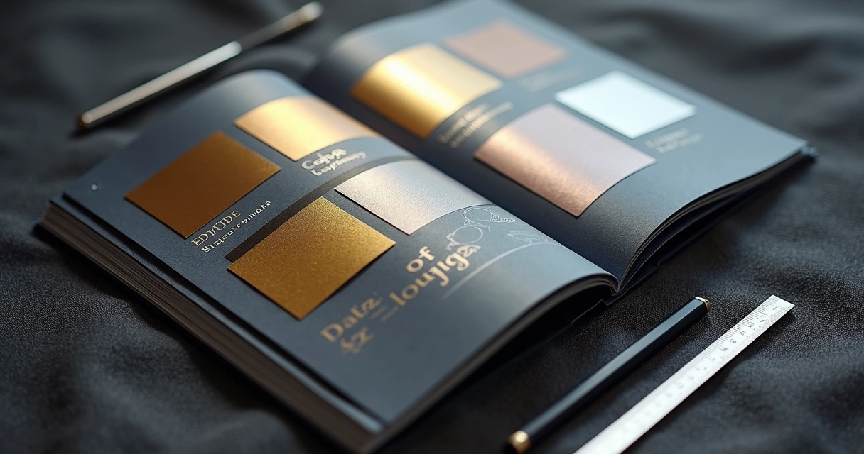 Comparação entre hot stamping dourado e laminação fosca em catálogo aberto 