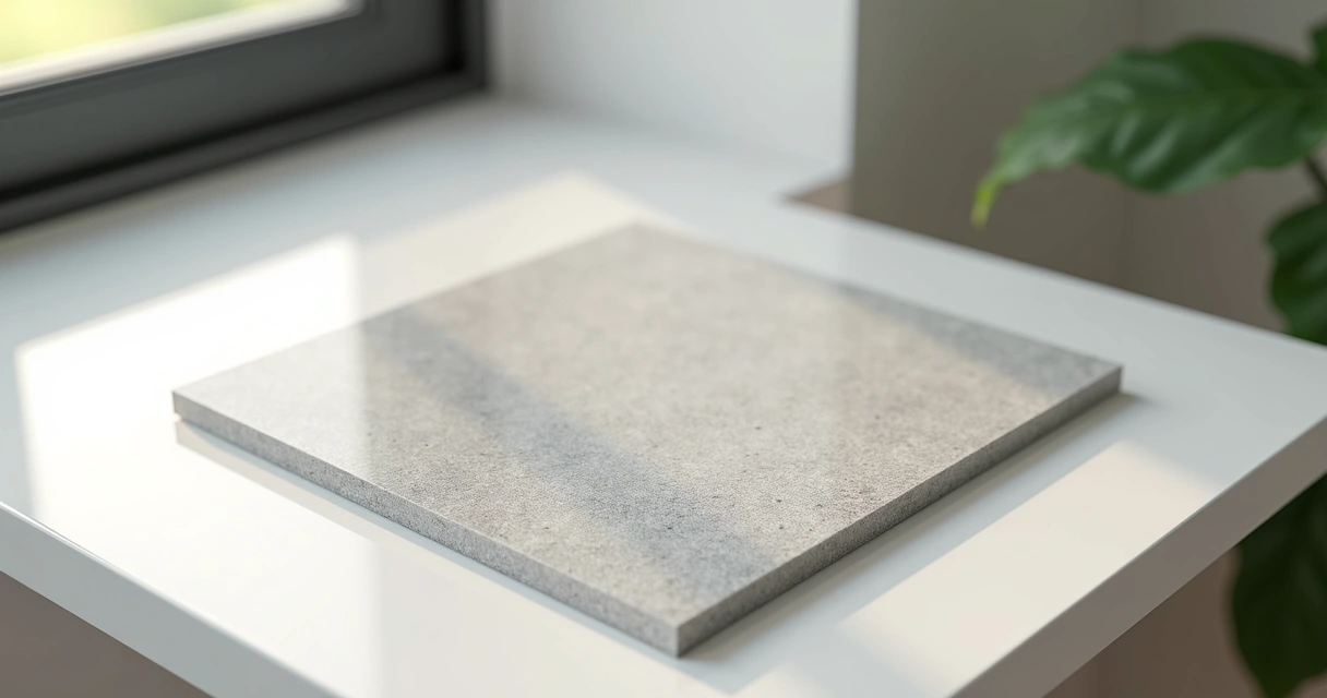 Amostra de porcelanato técnico com textura uniforme em ambiente iluminado