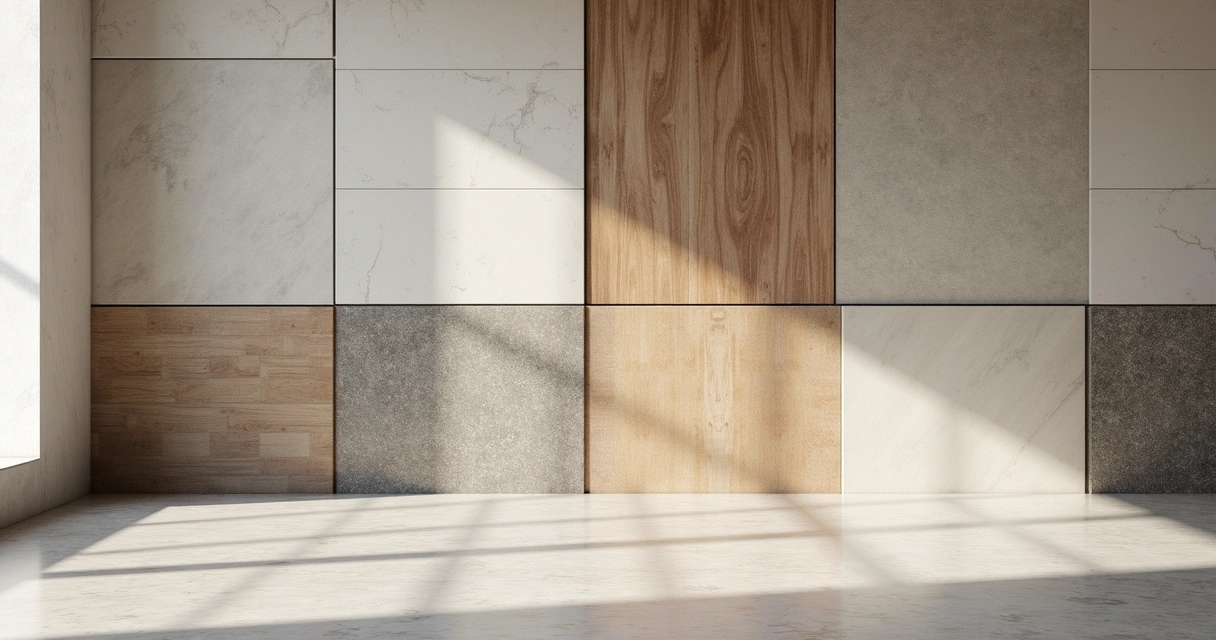 Vários tipos de revestimento lado a lado em ambiente iluminado 