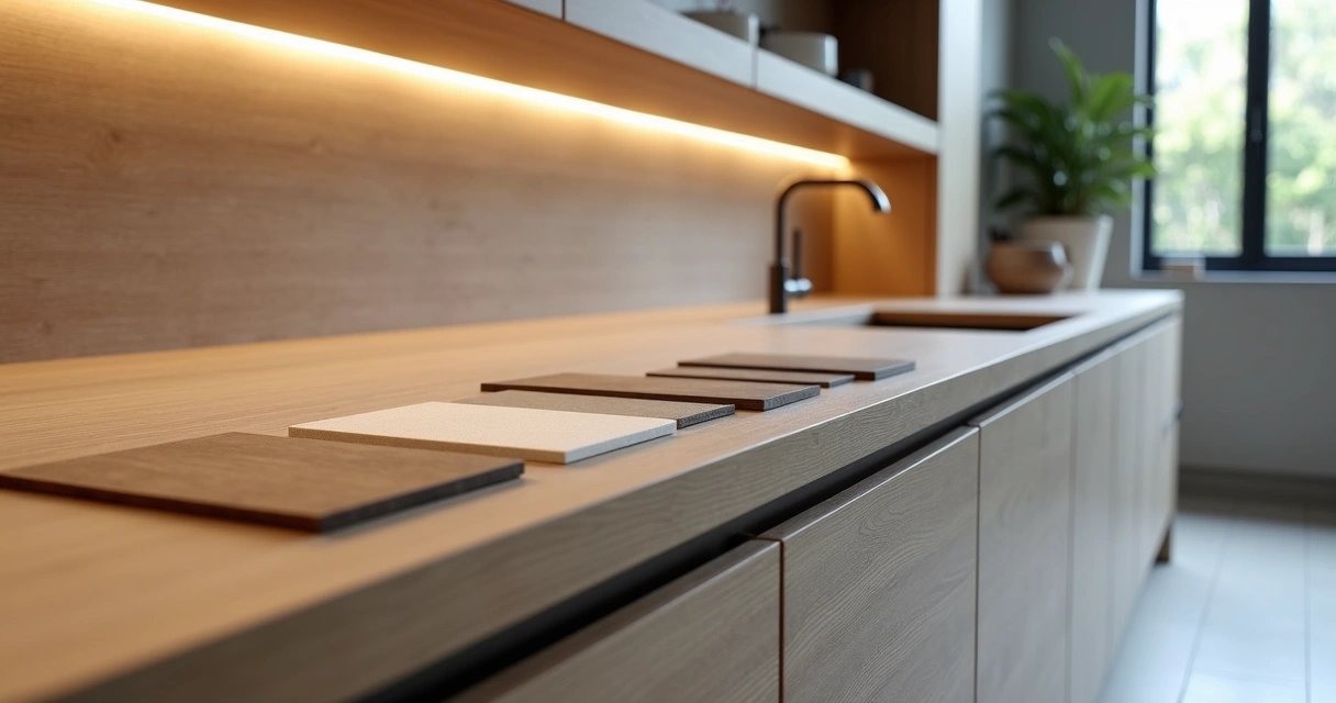 Mostruário de acabamentos premium alinhados sobre bancada de marcenaria moderna 