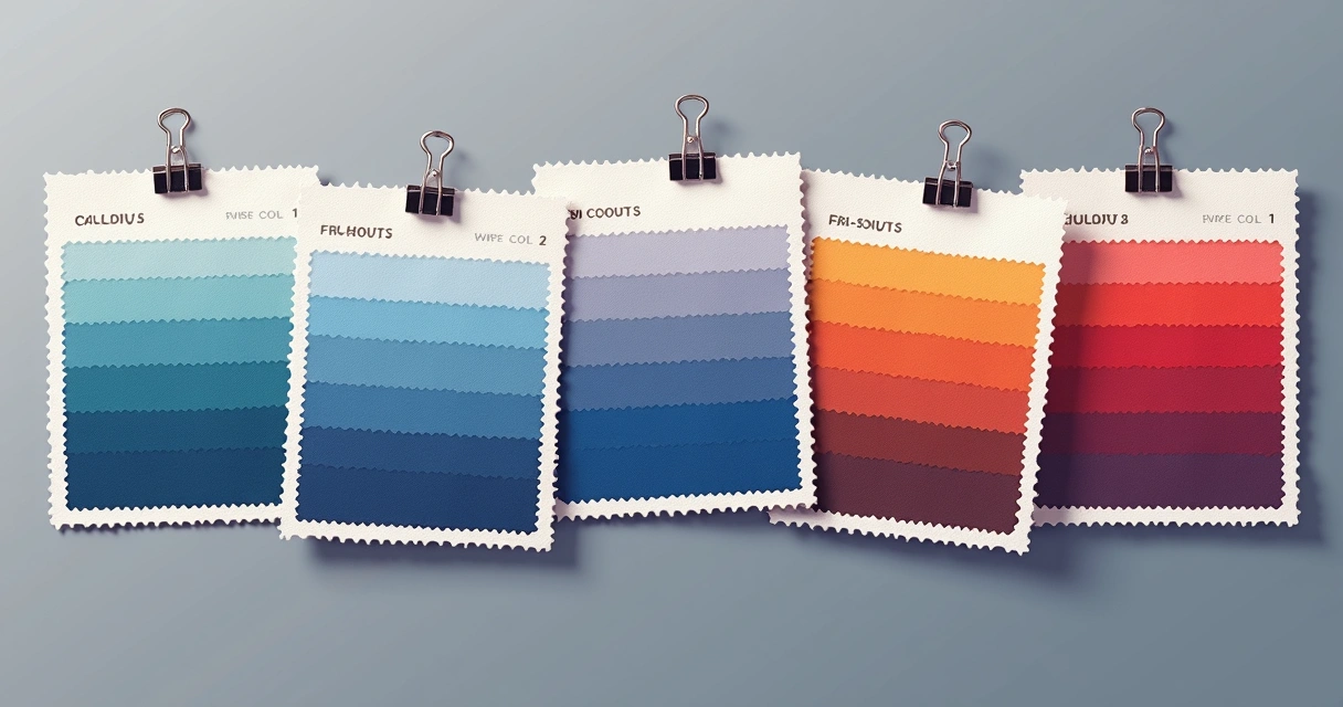 Pequenos pedaços de tecido com diferentes tons de azul e vermelho impressos 