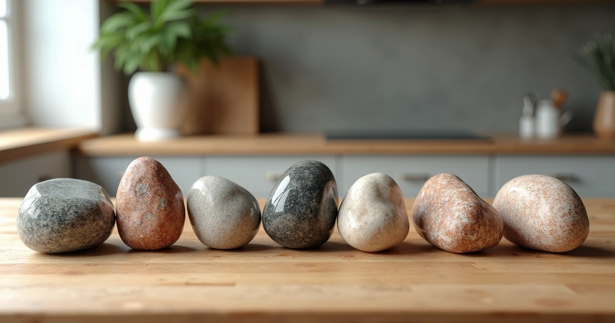 Várias amostras de pedras naturais diferentes organizadas em bancada de madeira, com luz natural incidindo. 