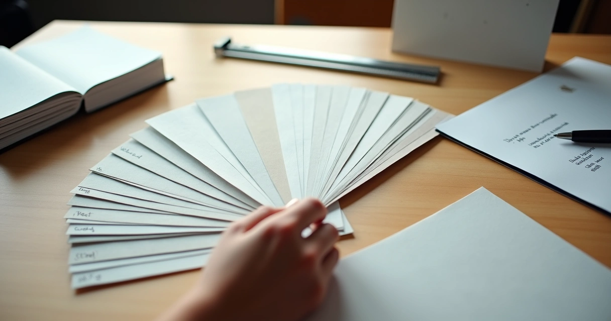 Ata de designer analisando amostras de papéis para impressão sobre a mesa 