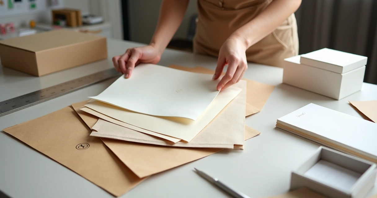 Profissional compara amostras de papéis diferentes ao lado de caixas personalizadas montadas 