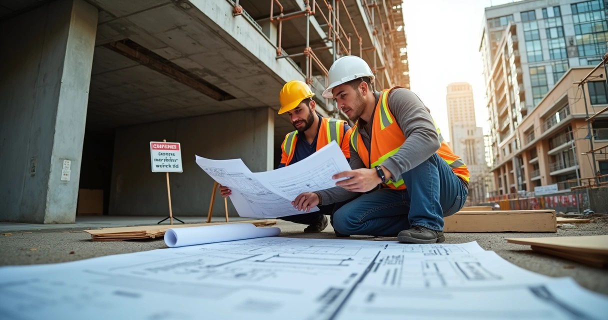 Operários e engenheiro analisando planta durante ampliação de imóvel urbano 