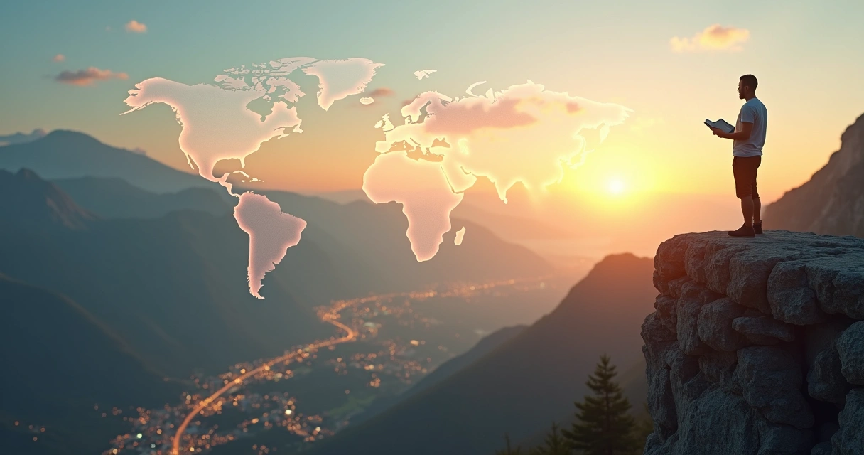 Pessoa em pé no topo de uma montanha observando o horizonte com mapa e conexões globais no céu 