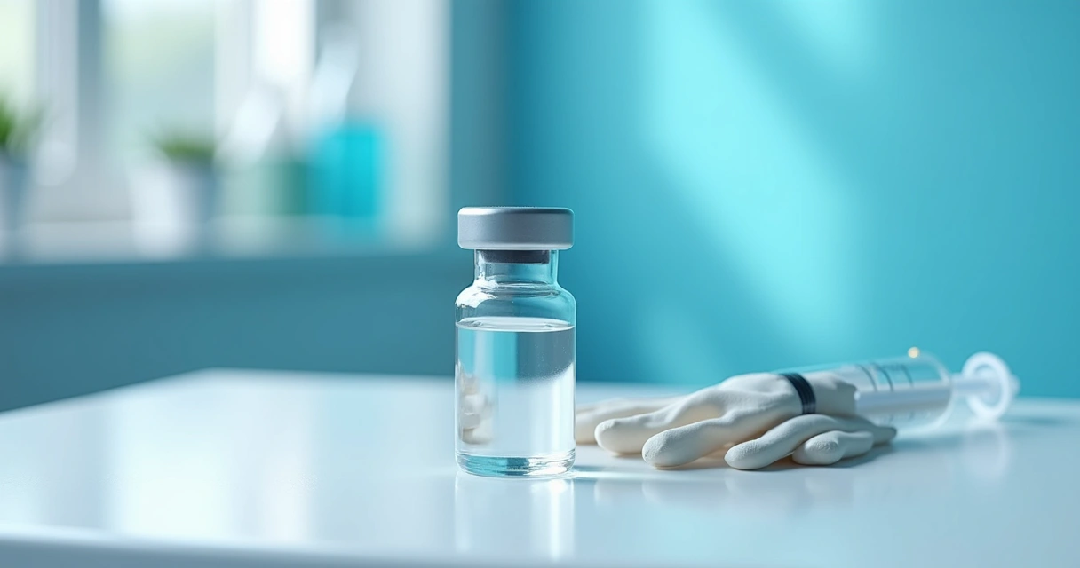 Ampola de bioestimulador de colágeno sobre mesa branca 