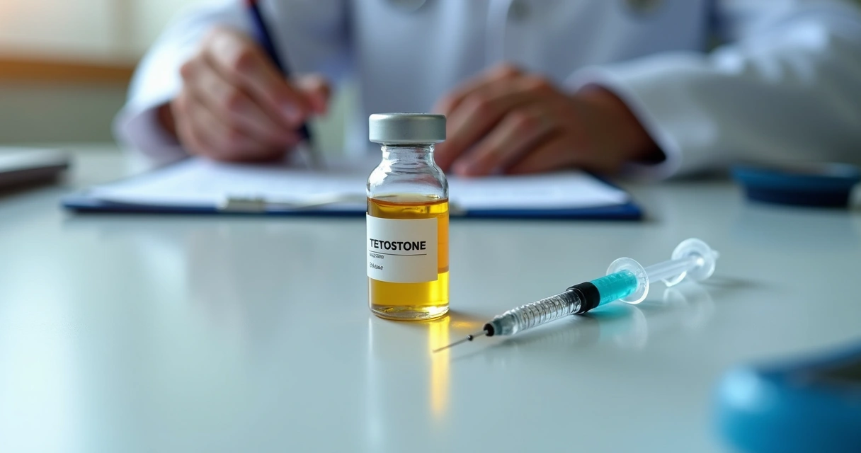 Ampola de testosterona e seringa em close sobre mesa de consultório 