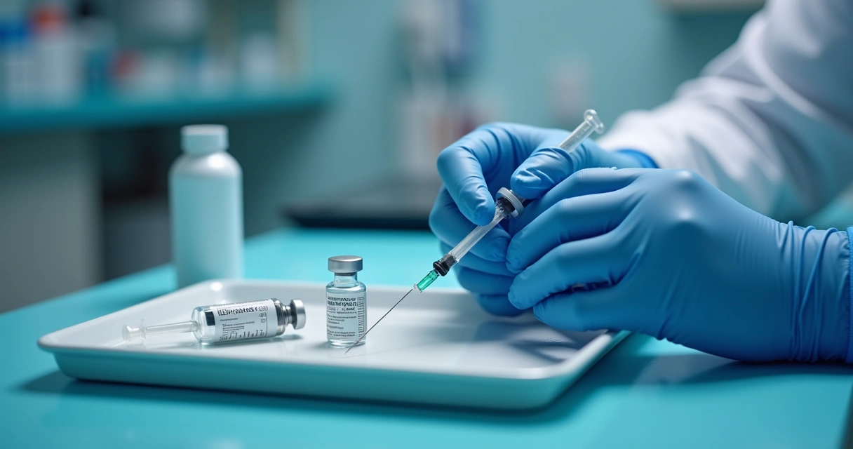 Ampola de testosterona, seringa e aplicação intramuscular em consultório