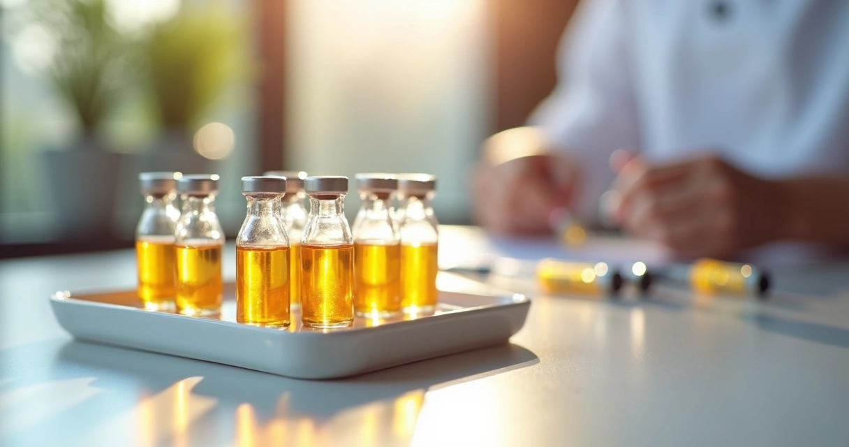 Detalhe de ampolas de vitaminas e seringas usadas para terapia injetável em clínica 