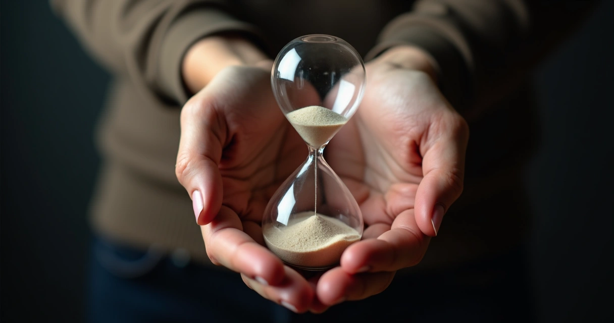 Ampulheta de vidro transparente entre duas mãos, fundo escuro com foco de luz suave. 