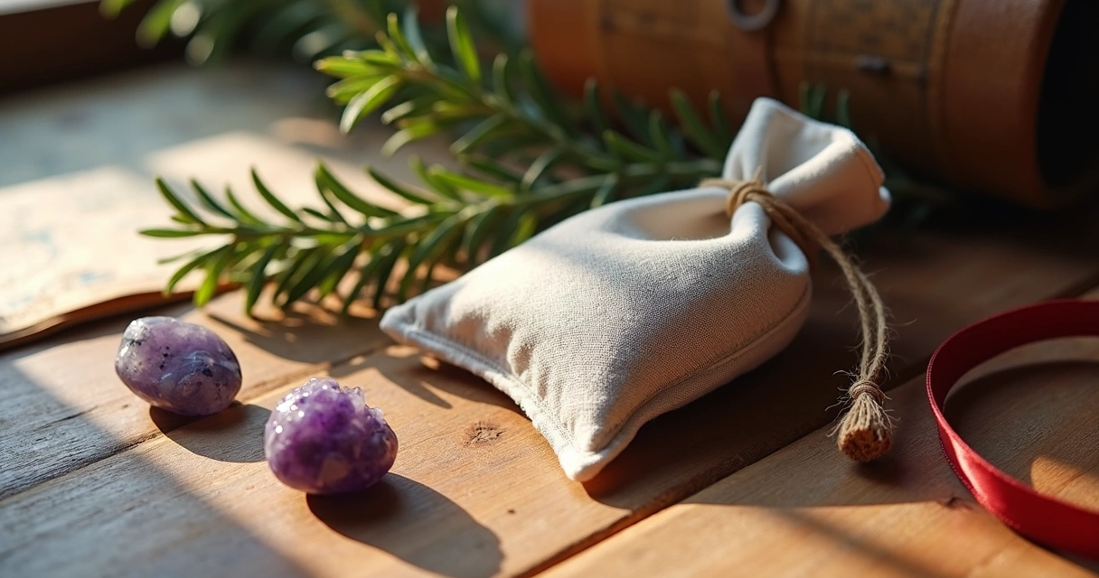 Amuleto artesanal sobre mesa com pedras e ervas 